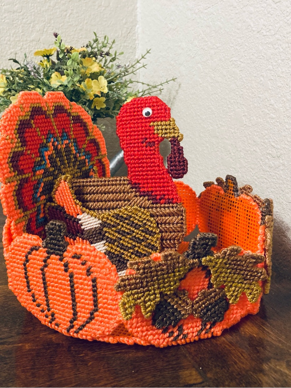 Fall Thanksgiving Turkey Plastic Canvas Candy Bowl Centerpiece - Picture 8 of 14